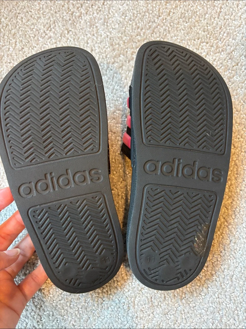adidas Kids Black Slides with Pink Stripes